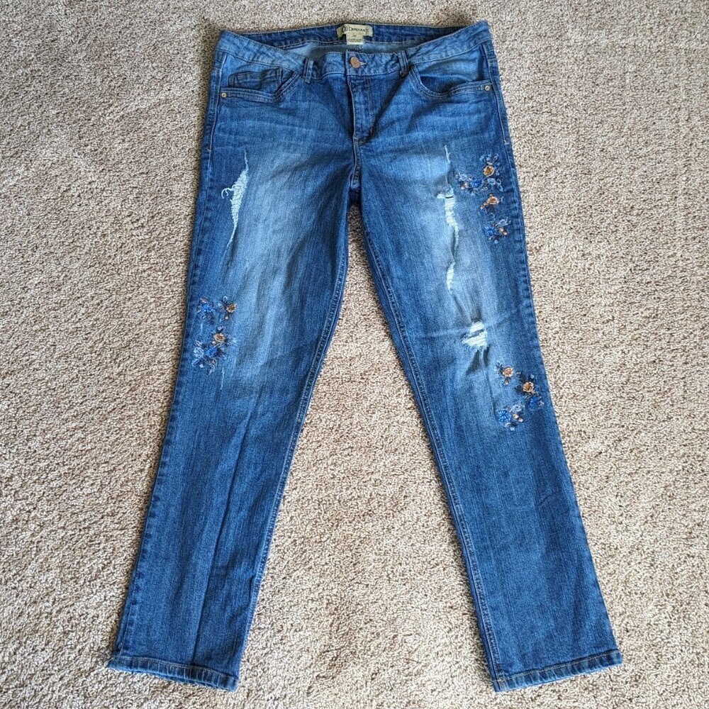 Democracy Girlfriend Distressed Floral Embroidered Skinny Stretch Jeans Sz 16